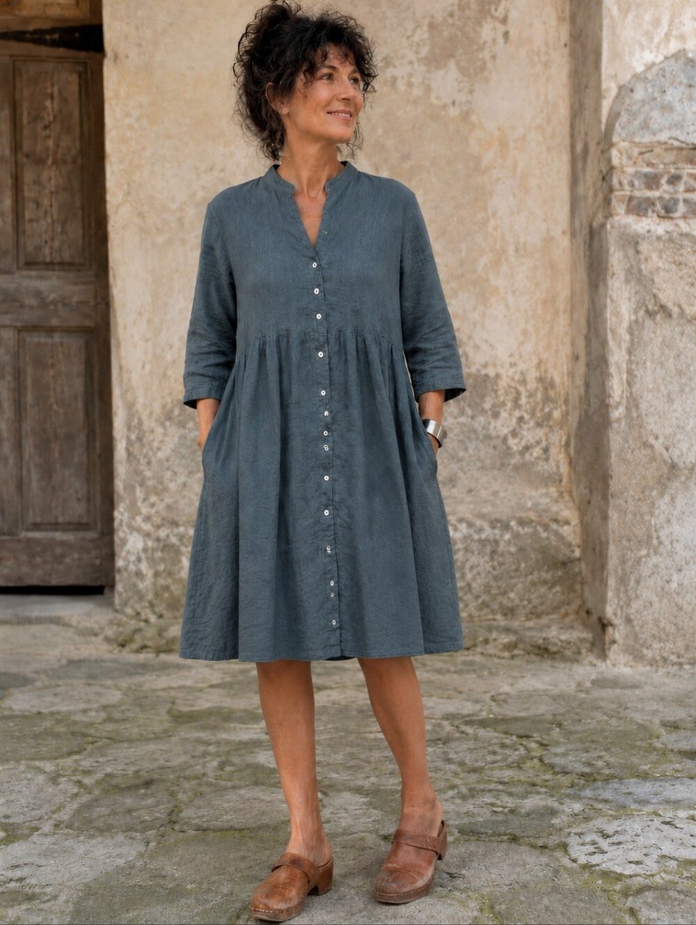 100% Pure Italian Linen Lagenlook Button Front Dress Blue Made in Italy